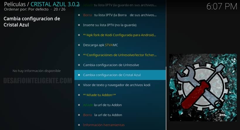 configuración de cristal azul