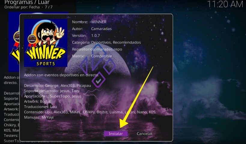instalar winner sports addon con luar