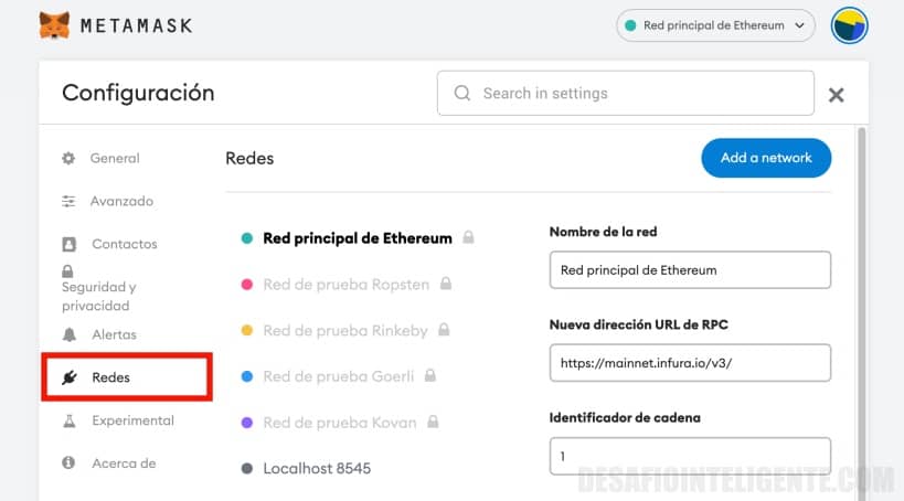 menú redes en metamask