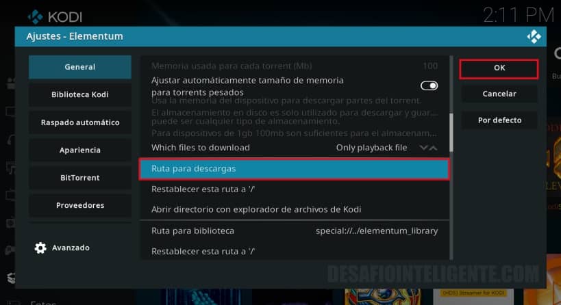 Ajuste Descargas Addon Elementum