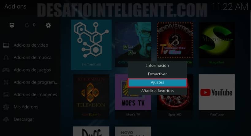 Menu Ajustes Elementum