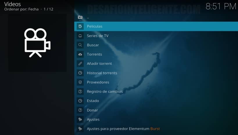 Menú Del Addon Elementum En Kodi