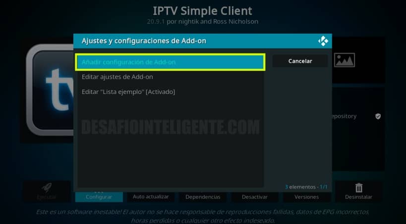 Añadir Configuracion Iptv Simple Client